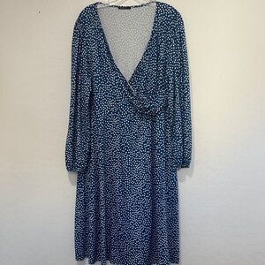 Huskary maxi long sleeve Blue Polka Dot Wrap Dress v neck Womens plus size XXL